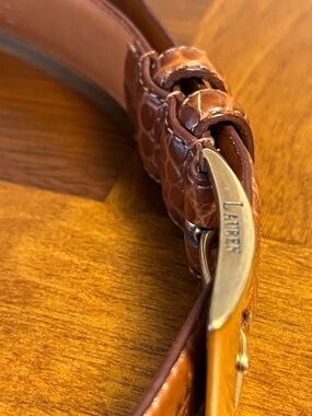 Lauren Ralph Lauren Tan Croc-Embossed Leather Belt with Gold-Tone Buckle, 38 in